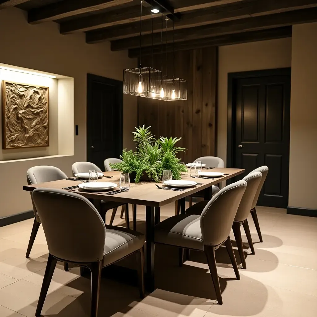 a photo of a basement dining area with greenery on the table