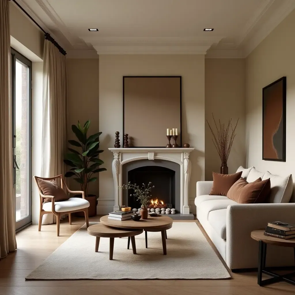 a photo of a cozy living room with chocolate brown and cream