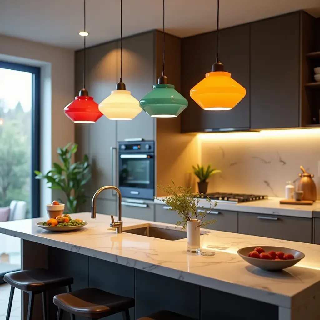 a photo of colorful pendant lights in a contemporary kitchen