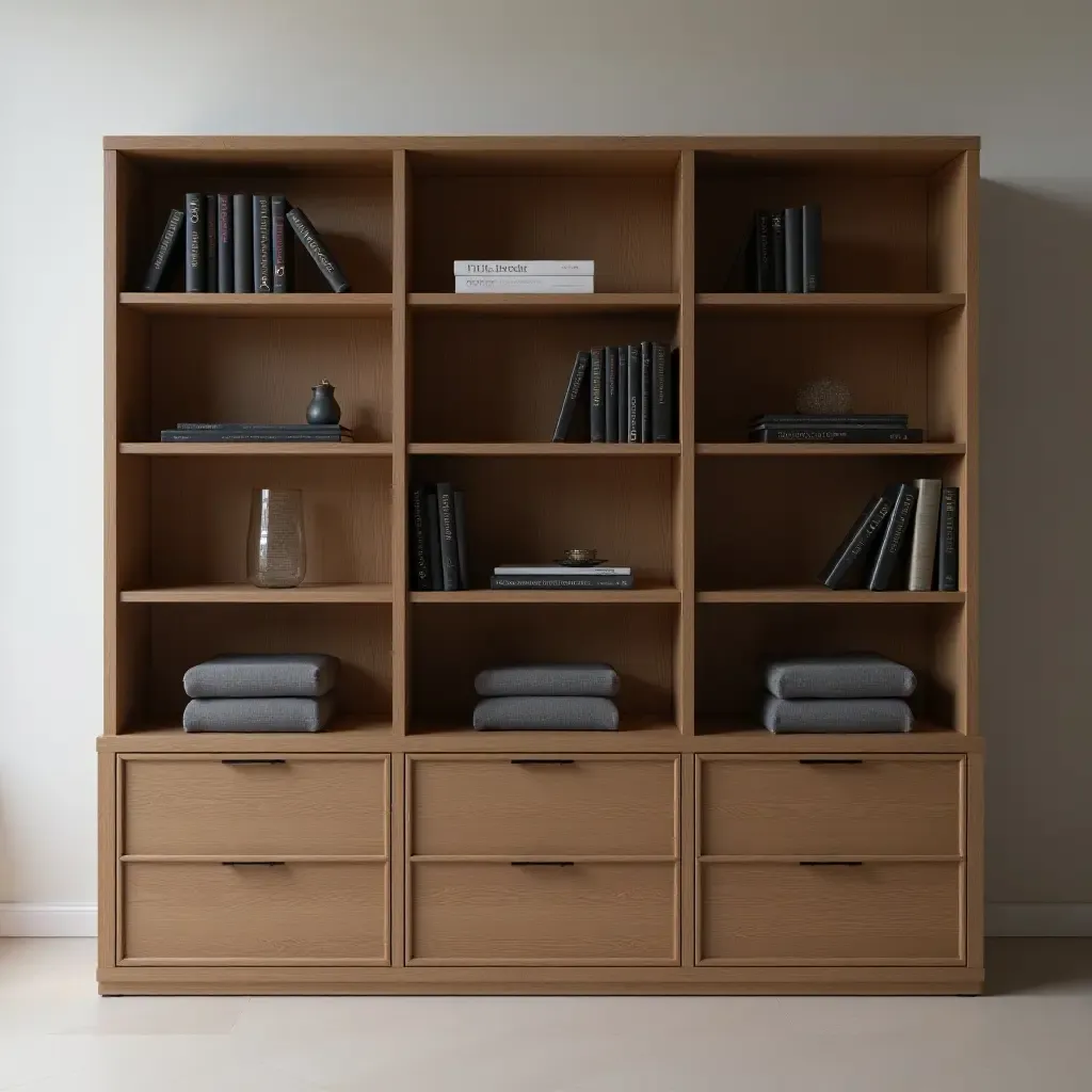 a photo of a modern bookshelf with hidden compartments