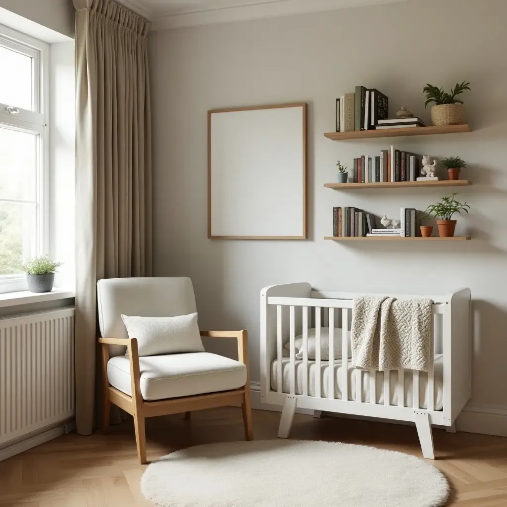 a photo of a nursery with a cozy corner featuring a vintage armchair and bookshelves