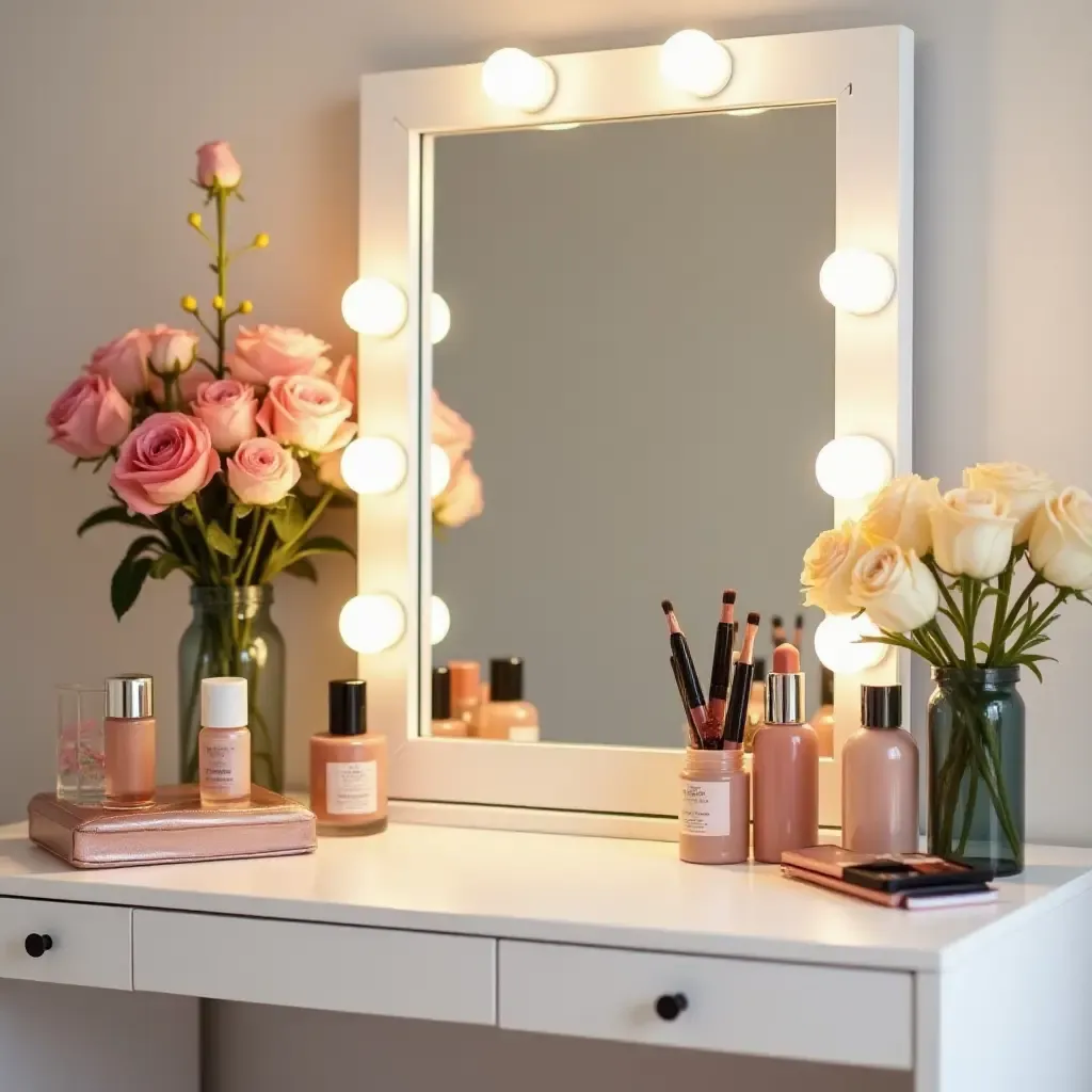 a photo of a beautifully arranged vanity with makeup and flowers