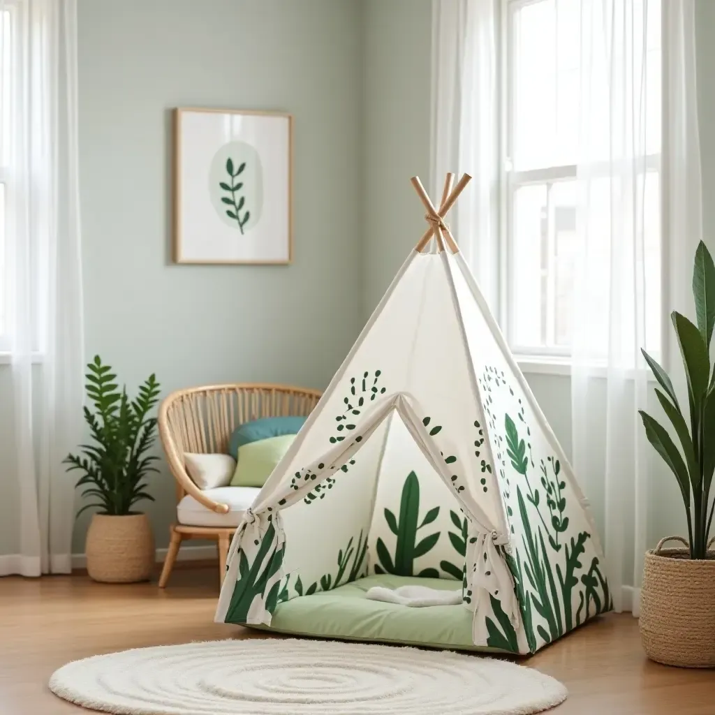 a photo of a plant-themed play tent in a bedroom