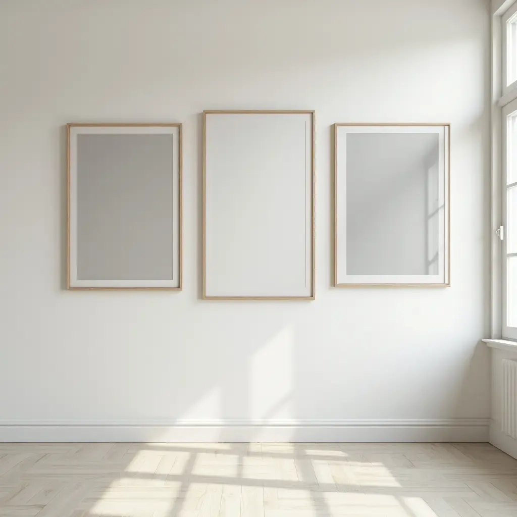 a photo of a gallery wall with a monochromatic color scheme and sleek lines