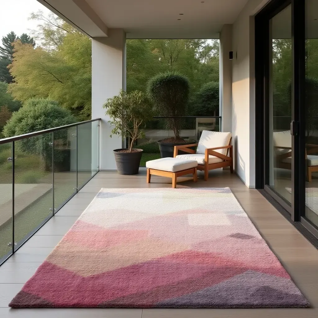 a photo of a contemporary rug with a gradient effect on a stylish balcony