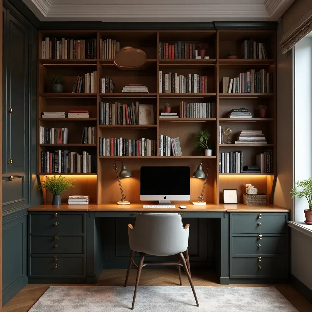 a photo of a small library with a modern desk setup