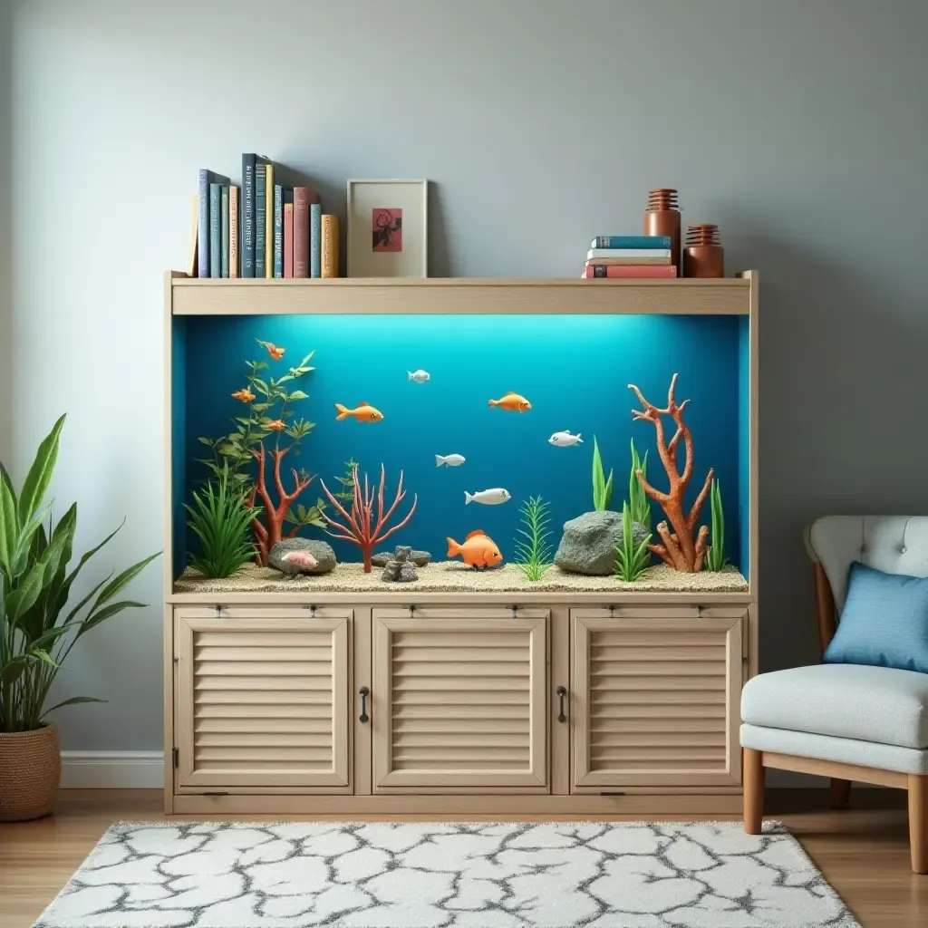 a photo of a fish tank bookshelf with aquatic-themed decor for kids