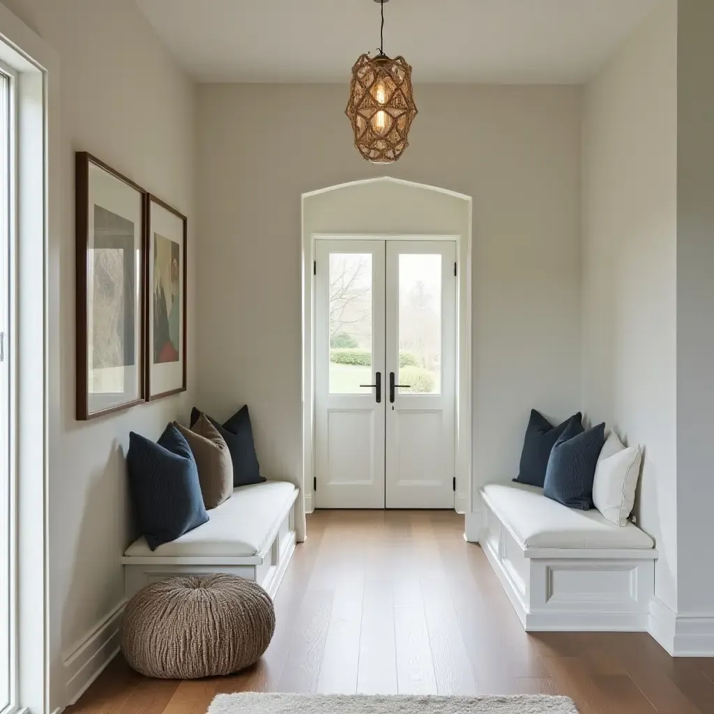 a photo of a stylish entrance hall with a built-in seating area and cushions