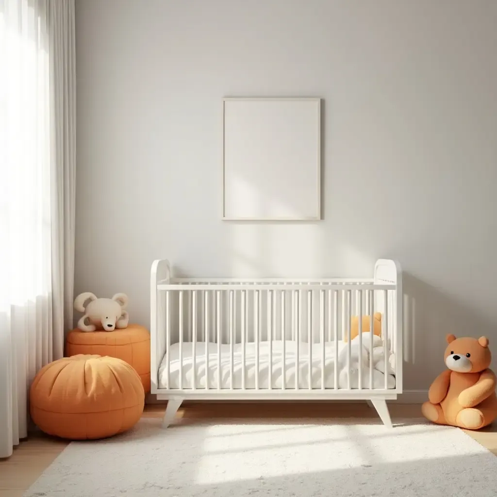 a photo of a nursery showcasing light gray and sunny orange