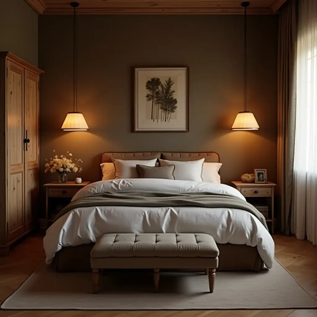 a photo of a rustic bedroom featuring wooden furniture and decor