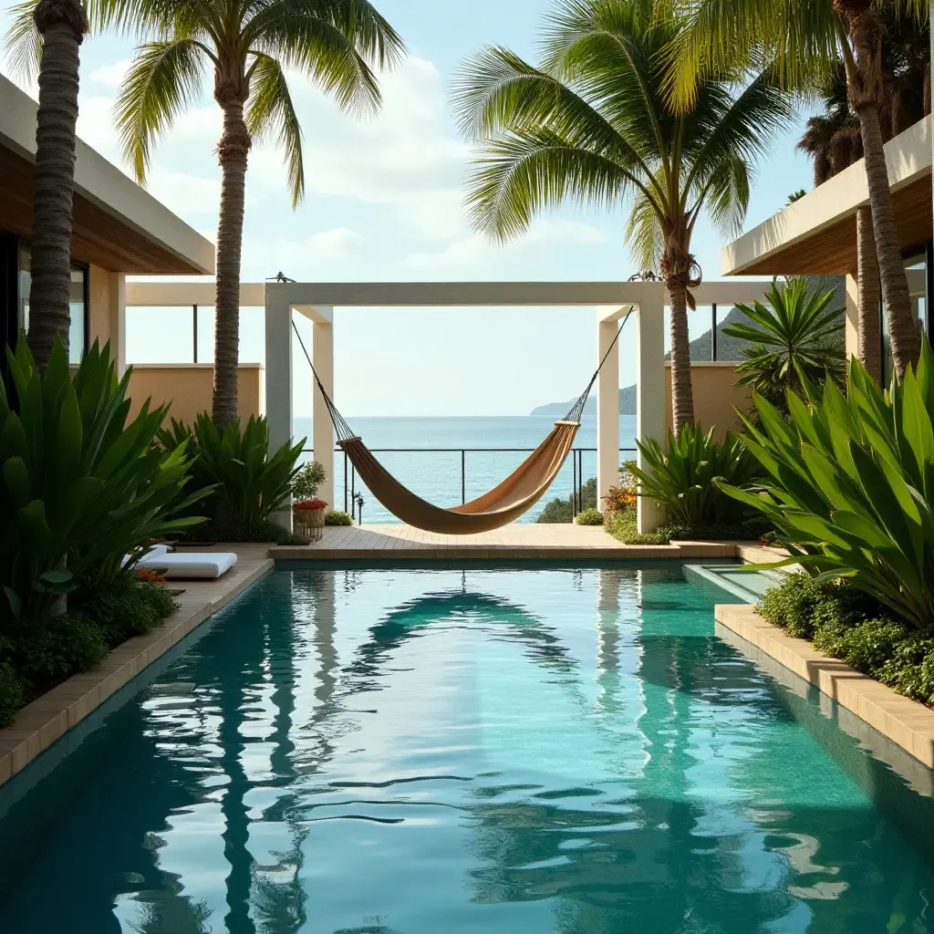 a photo of a serene poolside view with a hammock and tropical plants