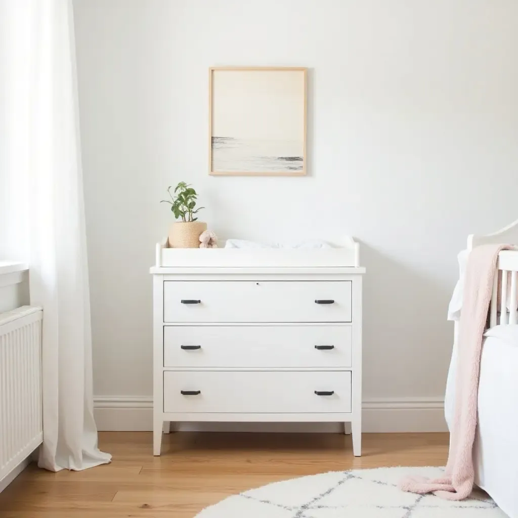 a photo of a chic nursery featuring a simple changing table and storage solutions