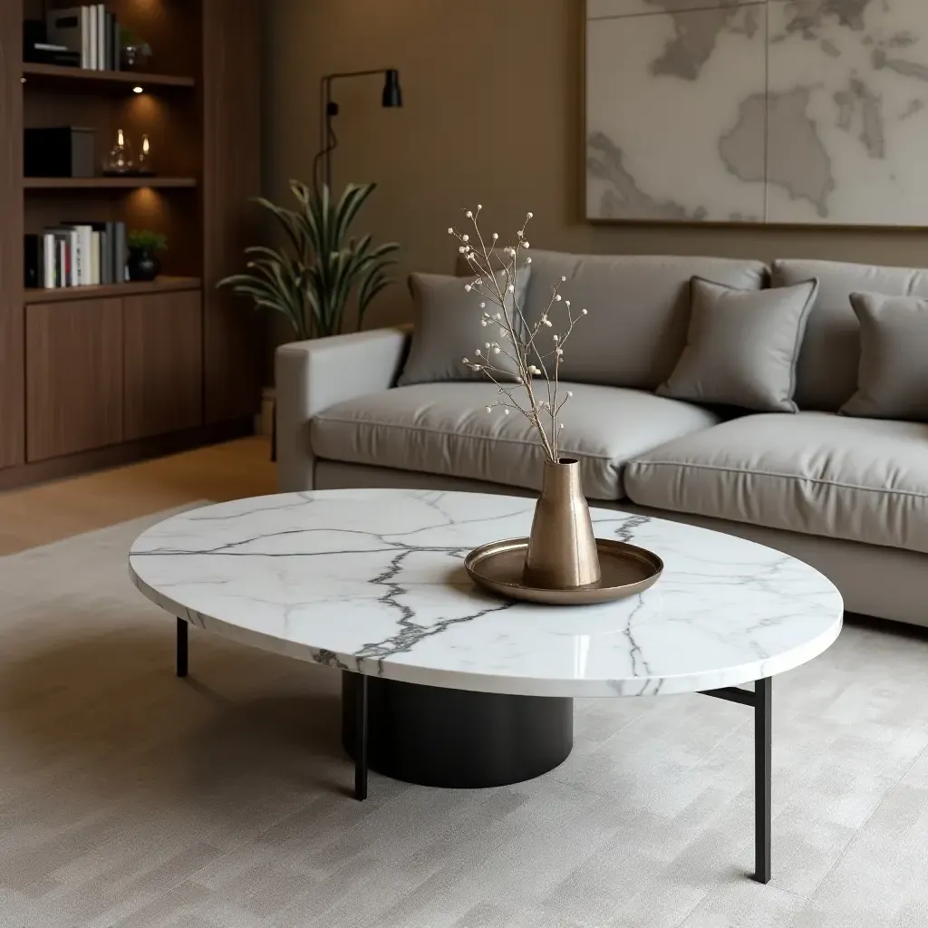 a photo of a marble-topped coffee table in a trendy basement