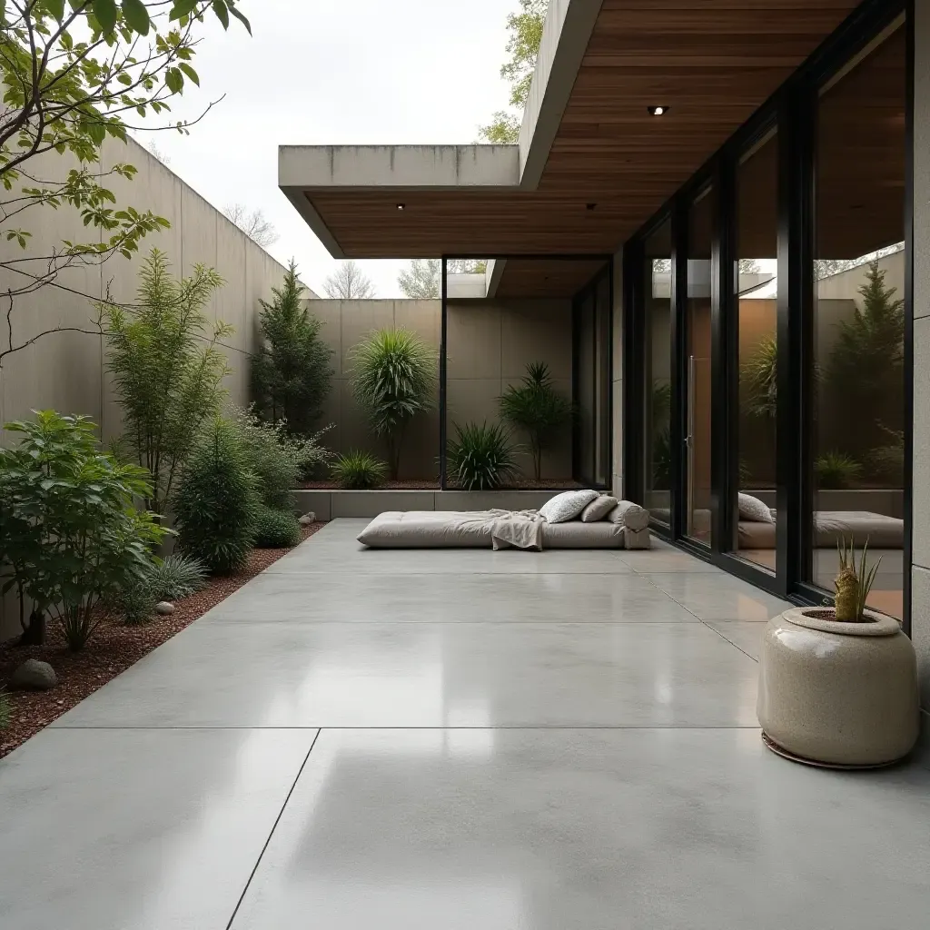 a photo of a concrete patio designed as a multifunctional space for yoga and relaxation