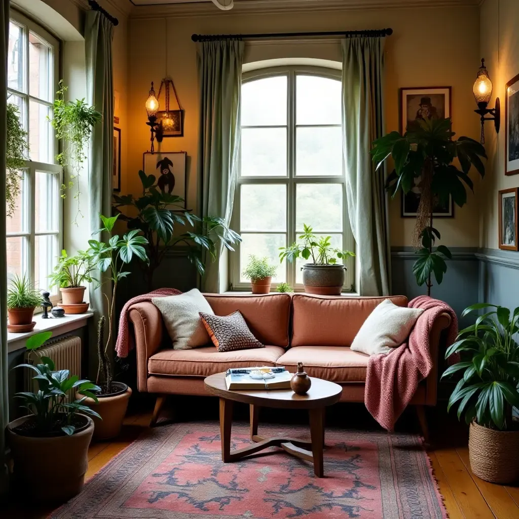 a photo of a bohemian reading nook with eclectic decor and hanging plants