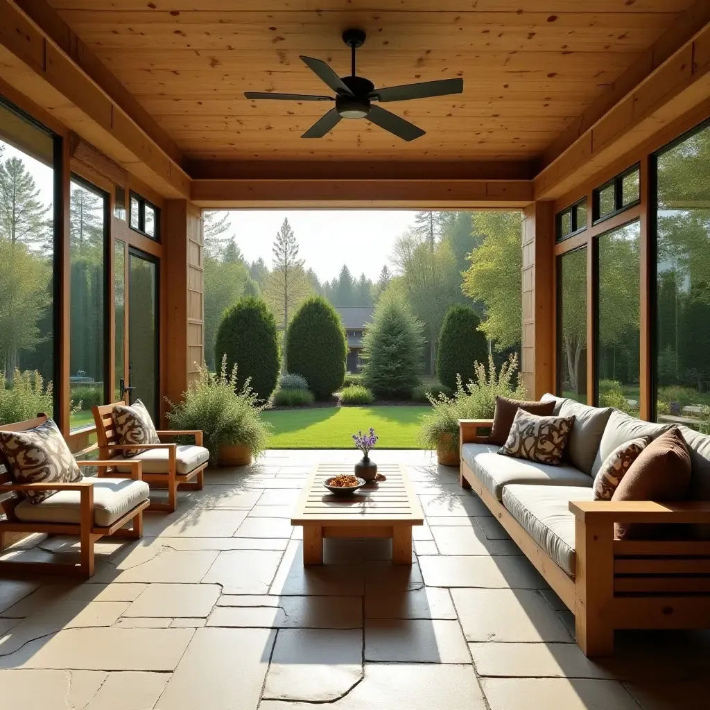 a photo of a wooden patio set in a basement sunroom