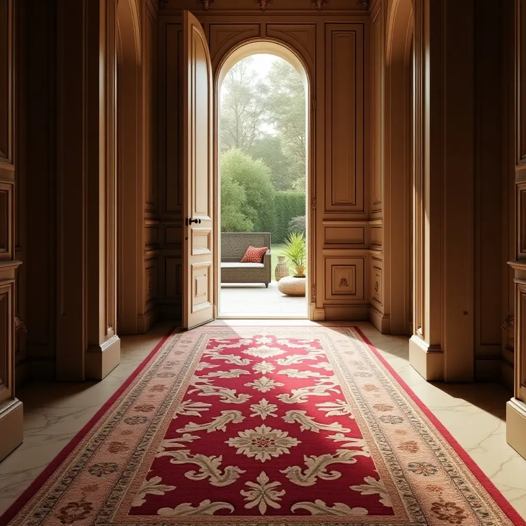 a photo of a luxurious runner rug leading to the door