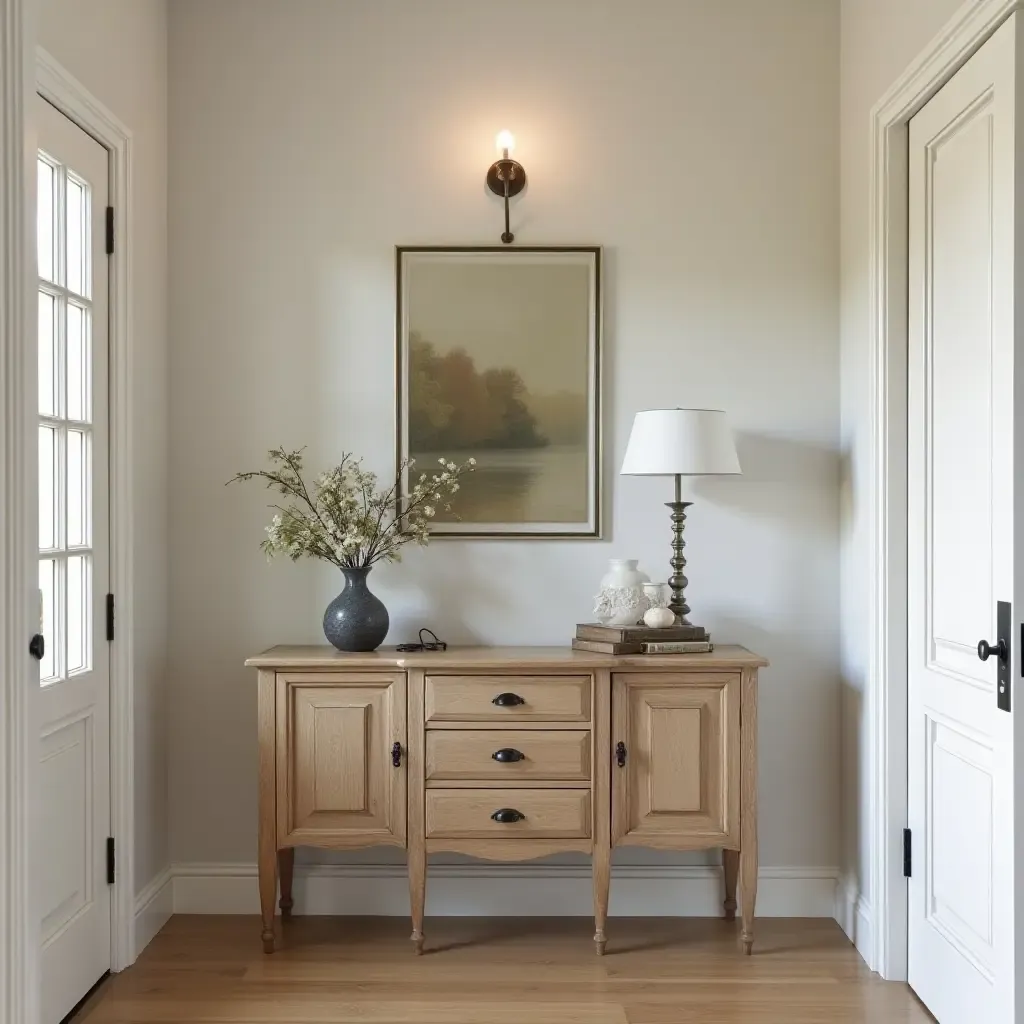 a photo of an elegant foyer with a vintage console table and drawer storage