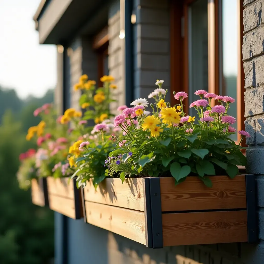 a photo of a cozy balcony with a wooden planter box overflowing with flowers