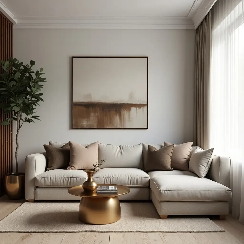 a photo of an eclectic living room with mixed metallic decor styles