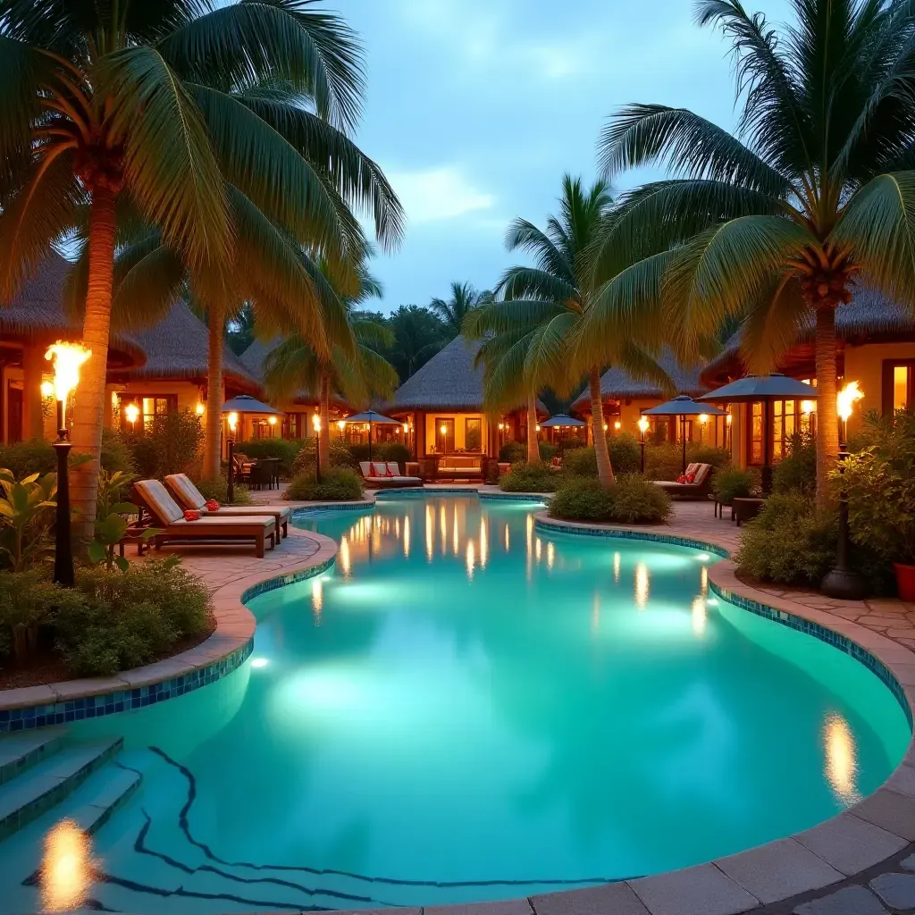 a photo of a tropical-themed pool area with palm trees and tiki torches