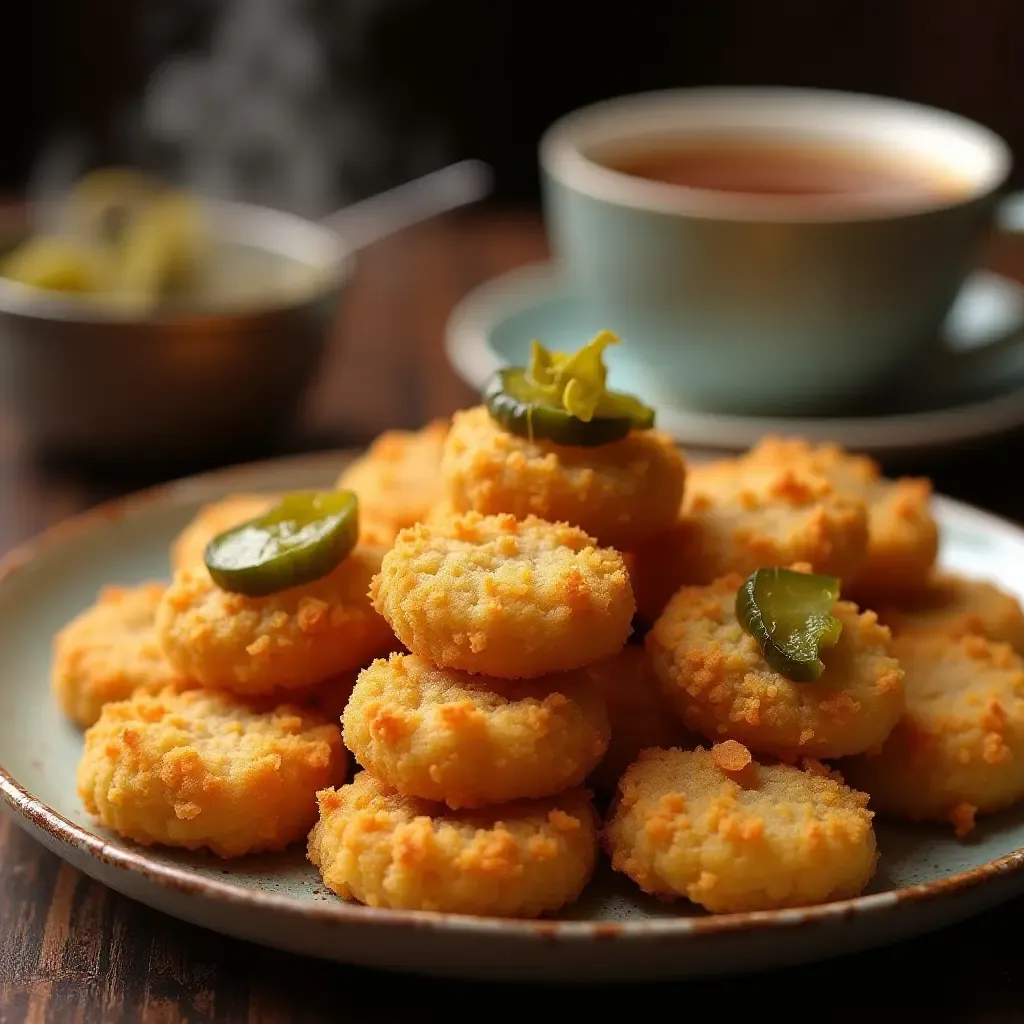 a photo of crunchy mathri with pickles, served with a steaming cup of chai.