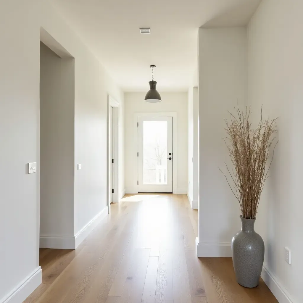 a photo of a farmhouse corridor with a neutral color palette and decor