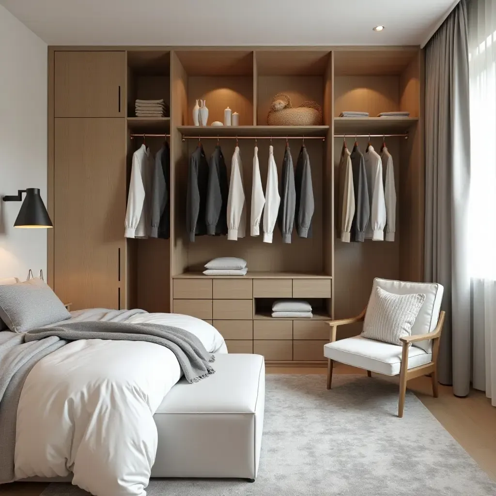 a photo of a shared bedroom with a shared closet and personalized shelving