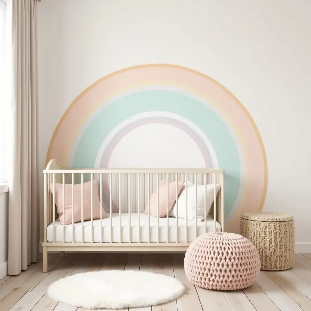 a photo of a nursery showcasing pastel rainbow accents