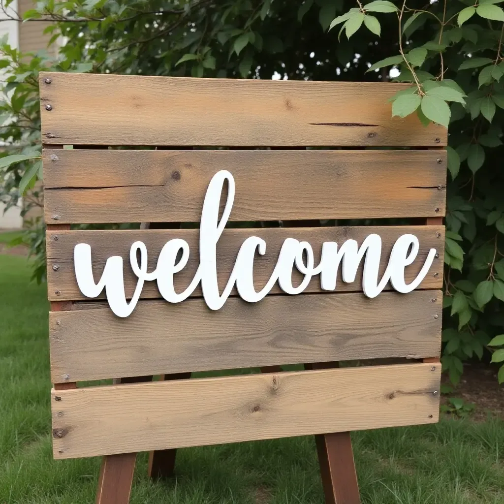 a photo of a DIY welcome sign crafted from wooden pallets