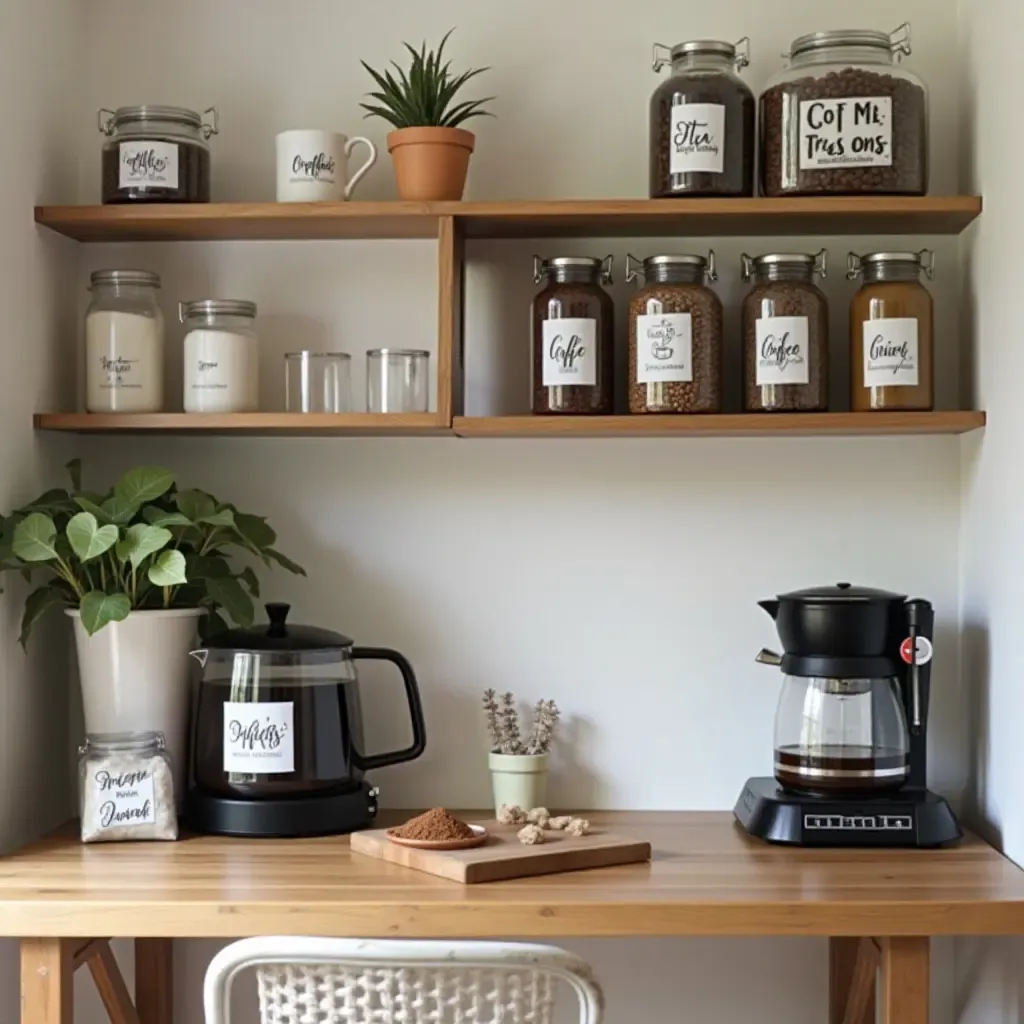 a photo of a DIY coffee station with custom labels