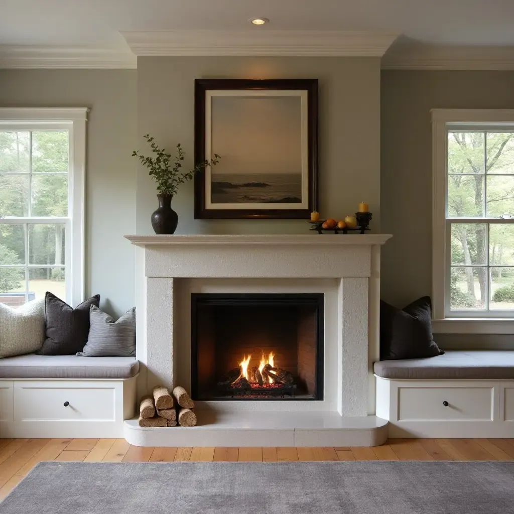 a photo of a cozy fireplace surround with integrated seating