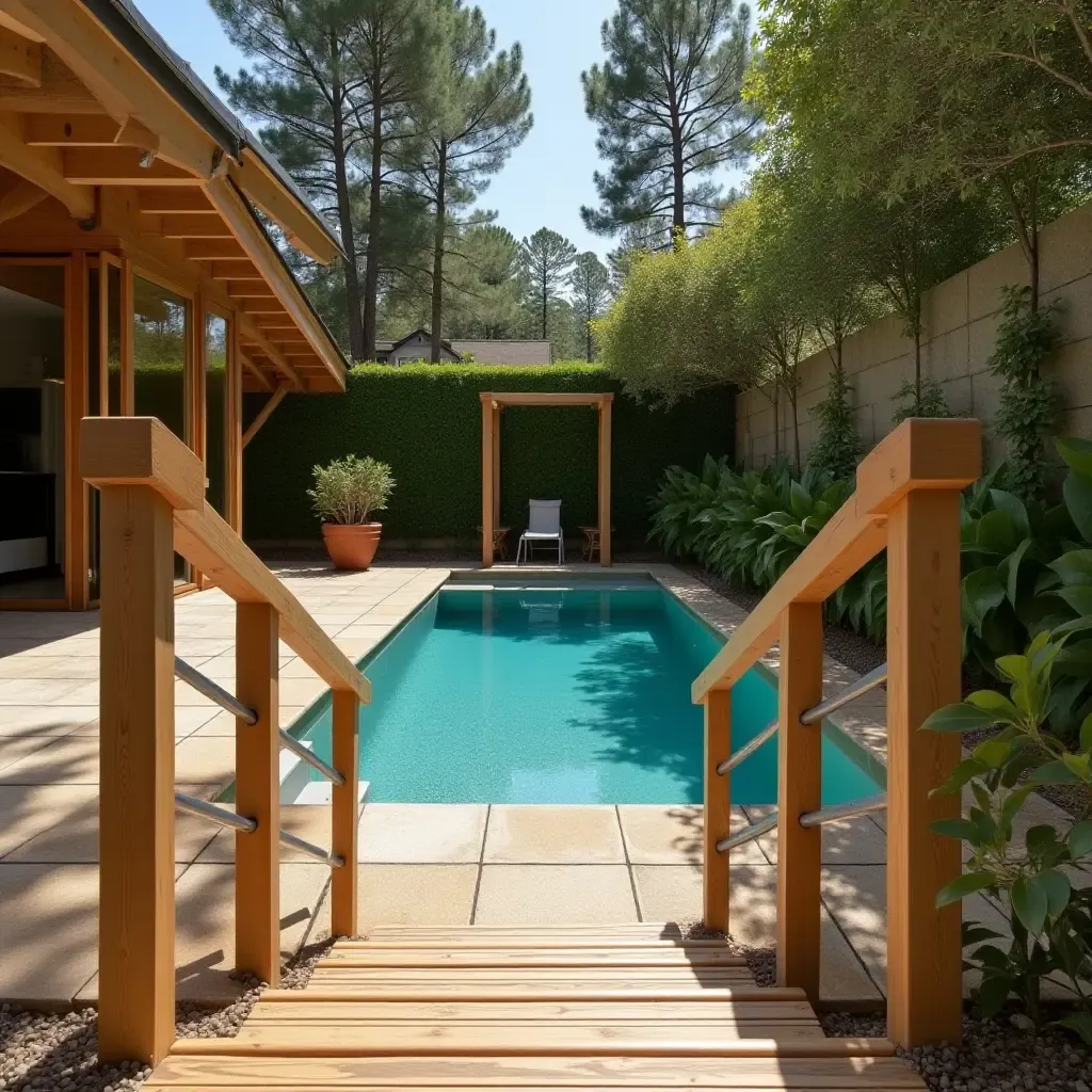 a photo of a wooden staircase leading down to the pool