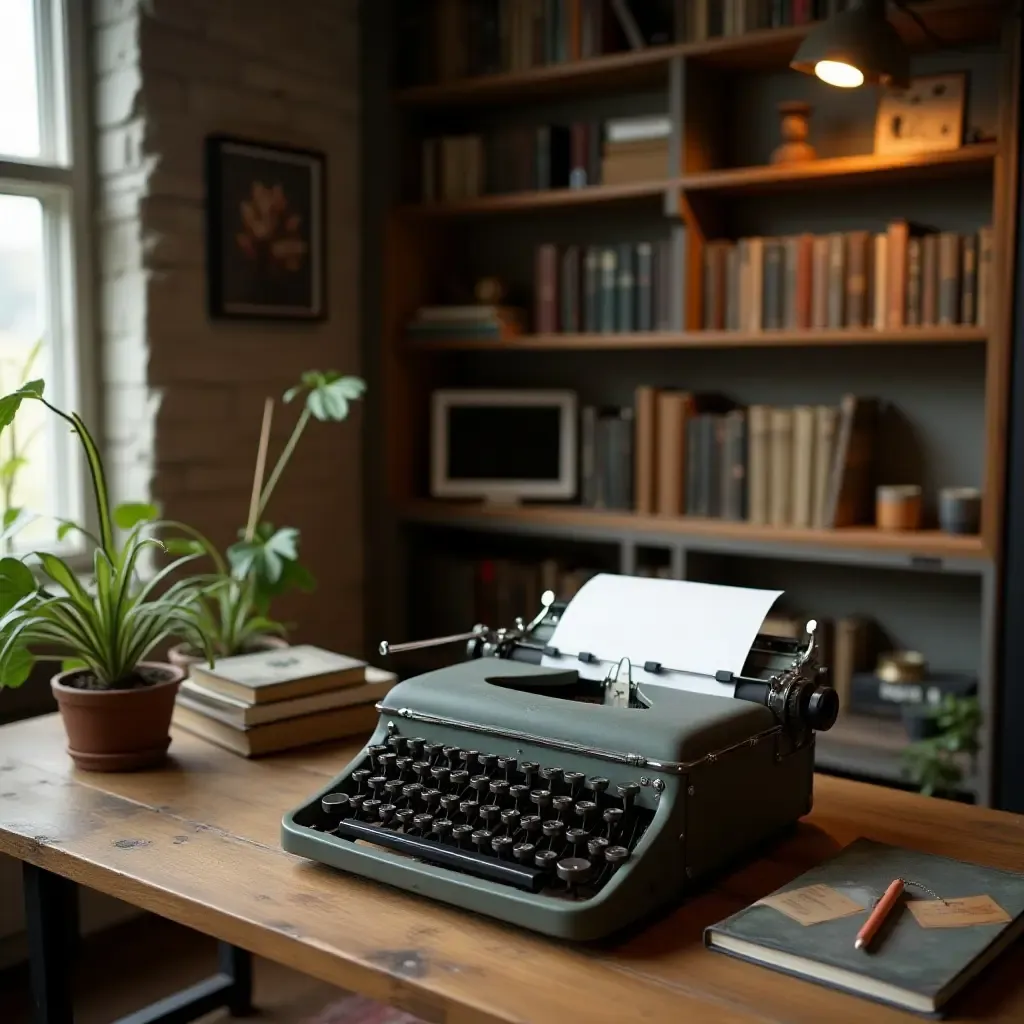 a photo of a home library with a vintage typewriter and rustic decor