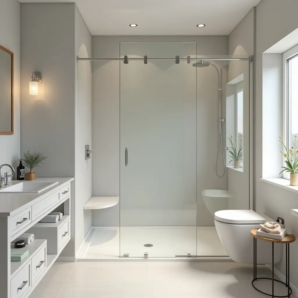 a photo of a stylish bathroom featuring a minimalist shower with glass doors