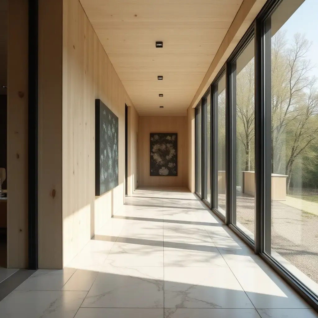 a photo of a welcoming corridor with large windows and contemporary art