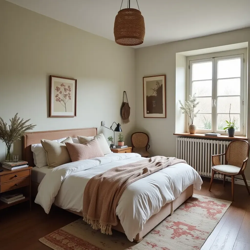 a photo of a chic bedroom with vintage furniture and boho-inspired decor