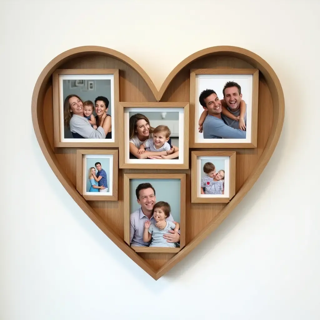 a photo of framed family photos arranged in a heart shape