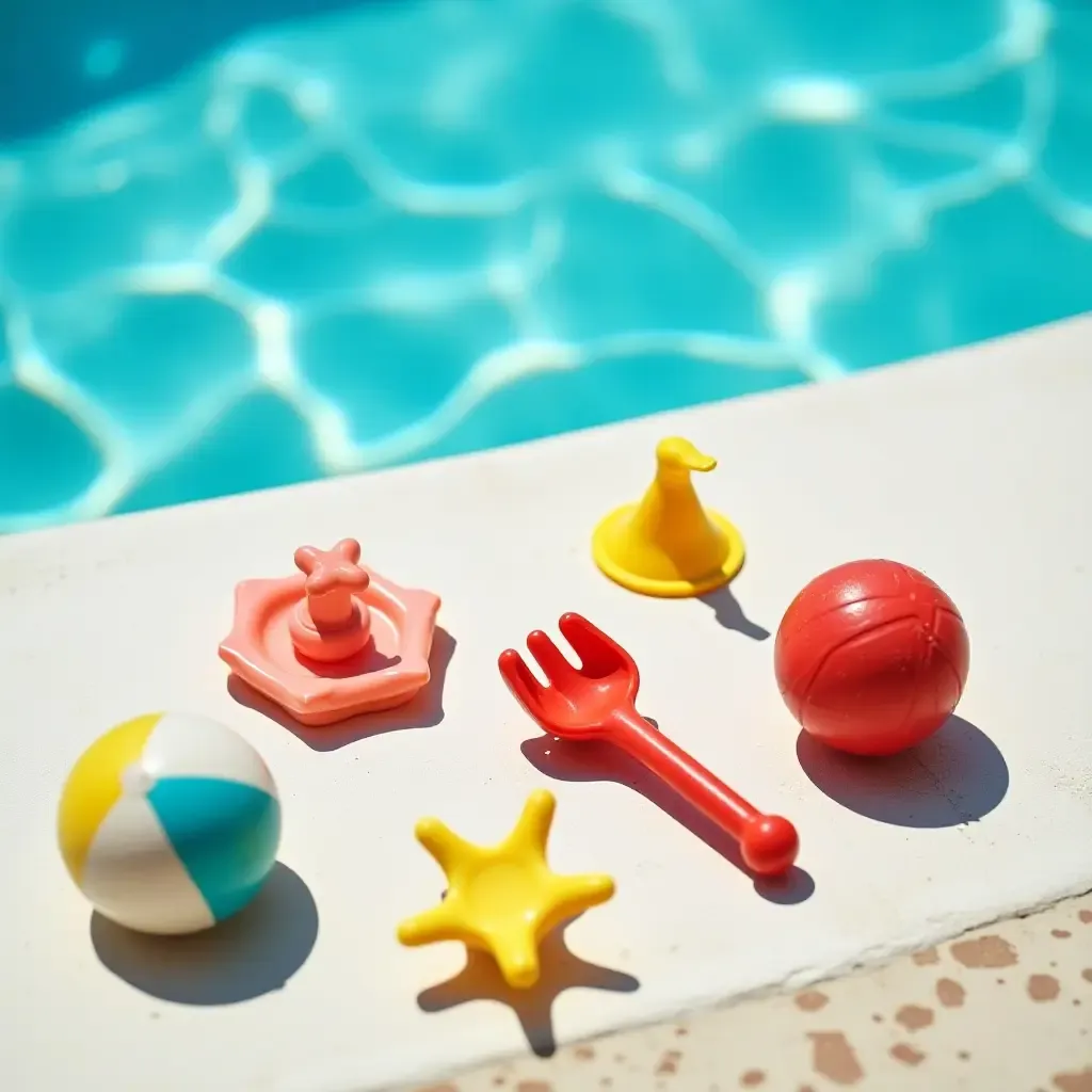 a photo of classic beach toys scattered around a sparkling pool