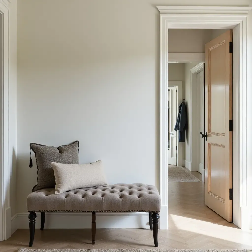 a photo of a classic bench with a tufted design and elegant details in a traditional entryway