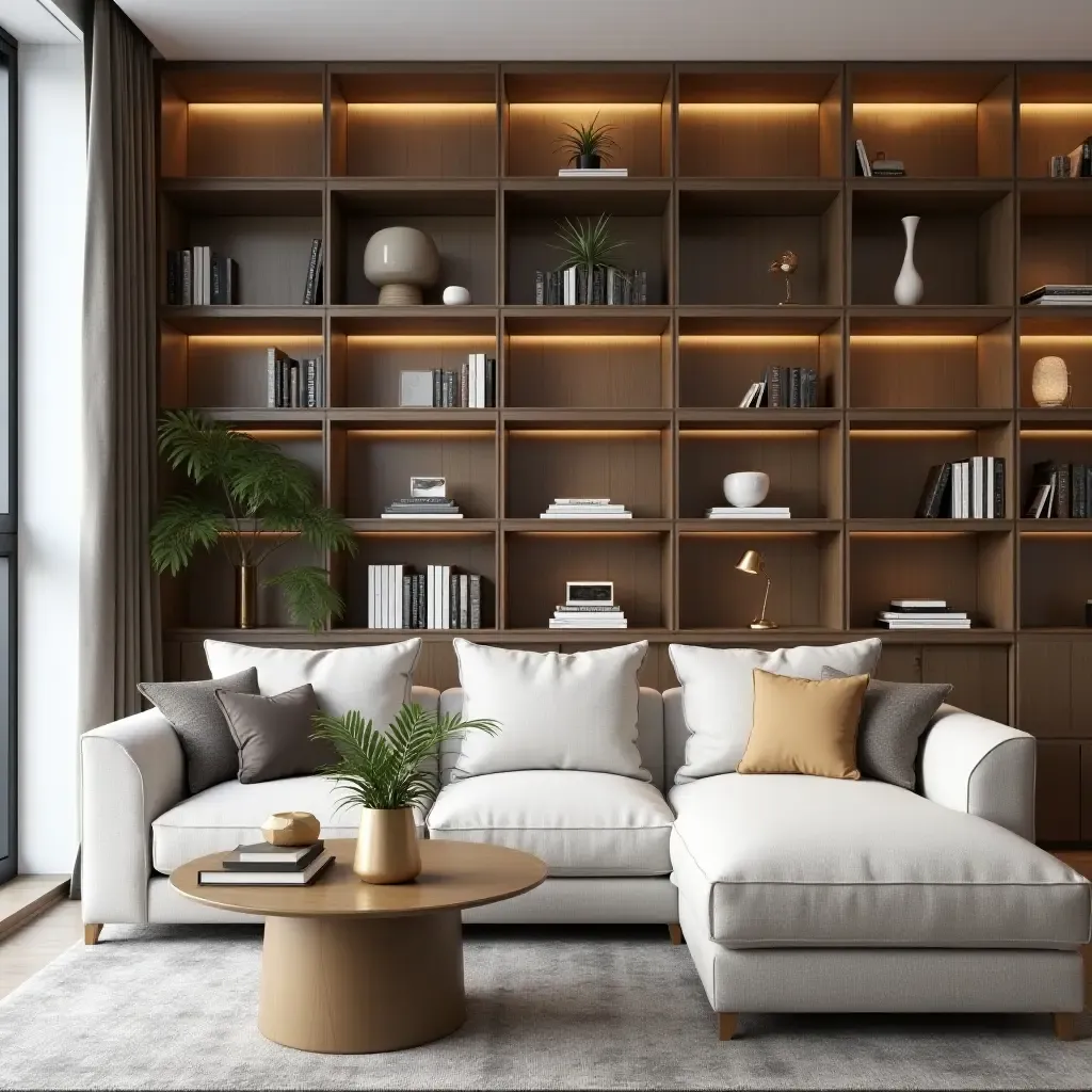 a photo of a chic living room with a stylish bookshelf and decor