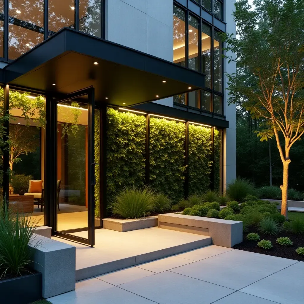 a photo of a sleek glass garden wall with integrated lighting in a modern entrance