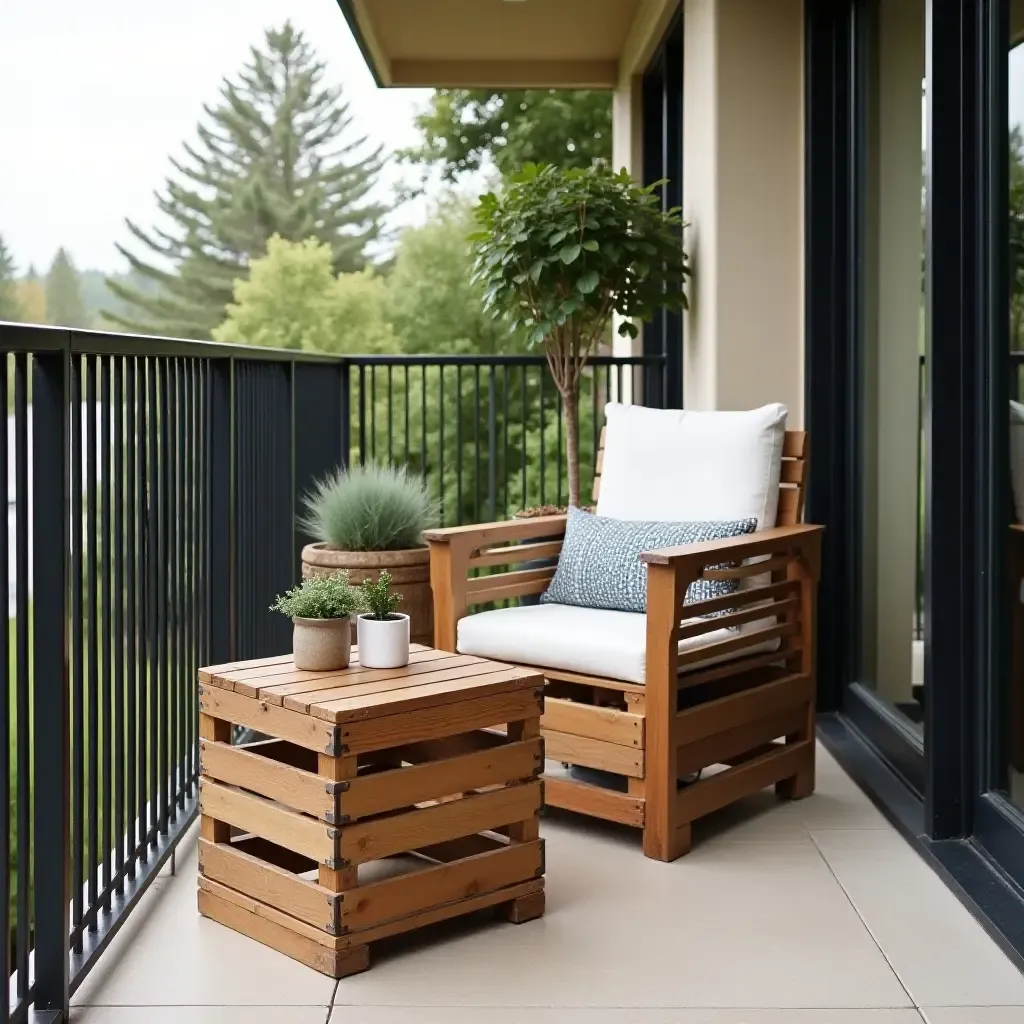 a photo of a balcony with repurposed wooden crates as side tables