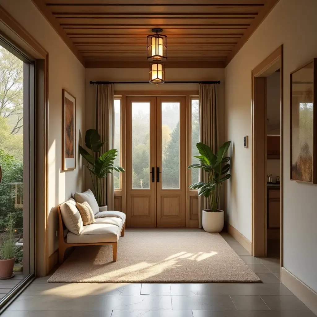 a photo of a cozy entrance hall with a small seating area and welcoming atmosphere