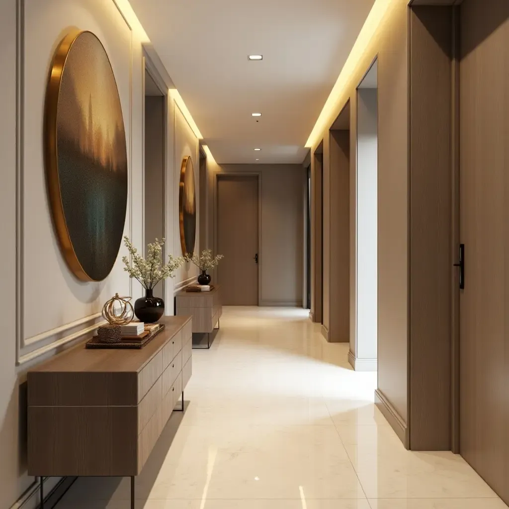 a photo of a modern corridor with metallic accents in art and furniture