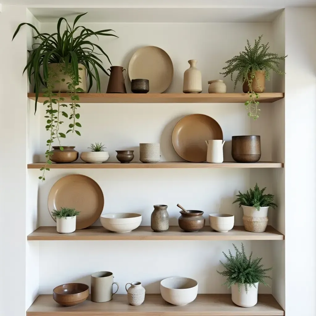 a photo of open shelves filled with eclectic dishware and plants