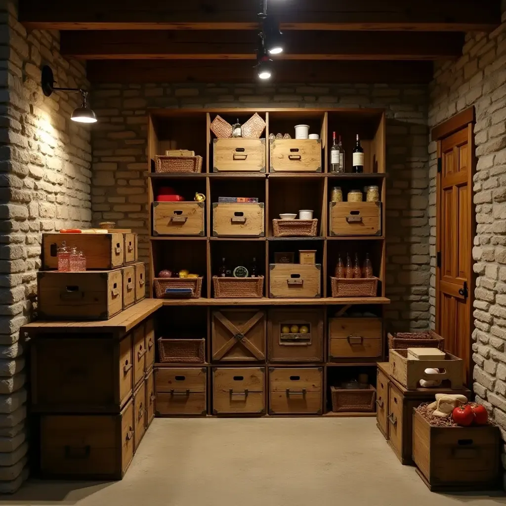 a photo of a rustic basement with vintage crates for storage