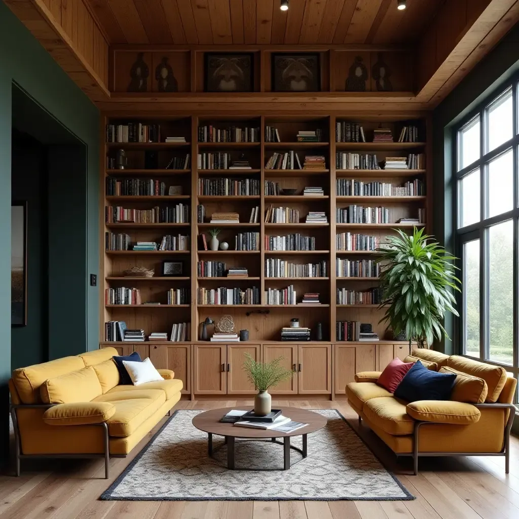 a photo of a farmhouse library with a unique blend of textures and colors