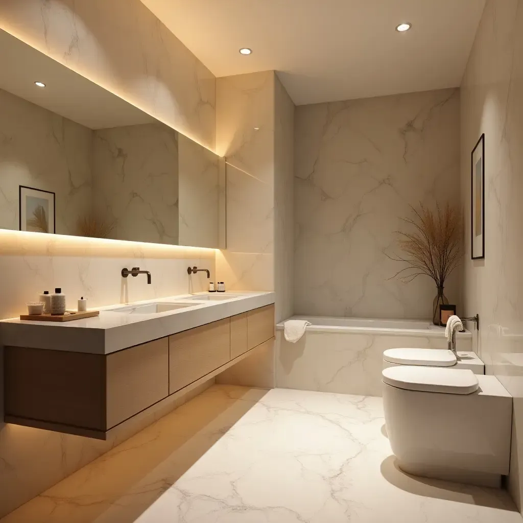 a photo of a bathroom with soft textiles and warm lighting