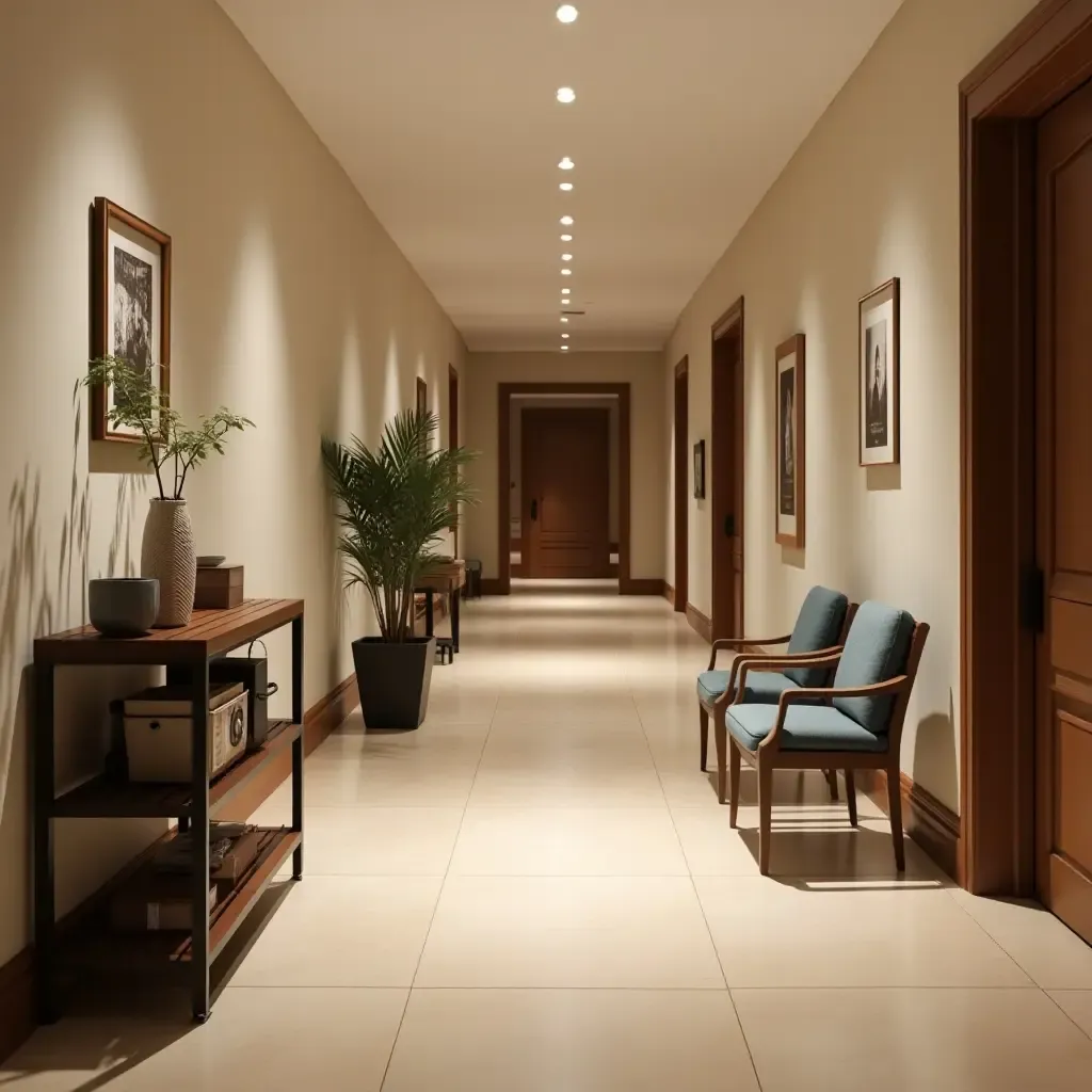 a photo of a welcoming corridor with a small coffee cart and seating